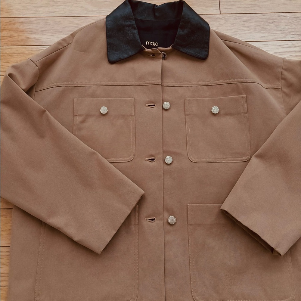 Maje Tan Jacket with black leather collars